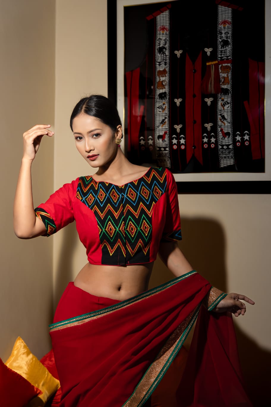 BOAT NECK BLOUSE WITH MOTIFS OF KONYAK TRIBE FROM NAGALAND